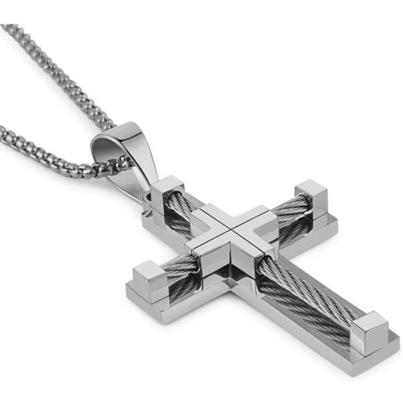 Silver Stainless Steel Men's Cross Necklace - Picture 2 of 4